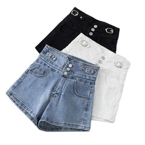 Shorts en jean d'été pour femmes, taille mi-haute, respirants, écologiques, décontractés, imprimés, skinny, lavés, couleurs unies, 100% coton - Product Image 2