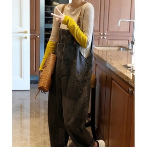 Queen and joy Malheamuhe tute morbide in Denim lavate con spalline in vera pelle rilassata tuta da ragazzo Vintage - Product Image 2