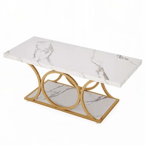 Table basse moderne en marbre à 2 niveaux, écologique, avec pieds géométriques et étagère de rangement pour salon - Product Image 3