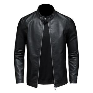 Veste en cuir d'agneau véritable pour homme décontractée automne-hiver avec col montant en toile, logo frontal, coupe ajustée régulière, couleur personnalisée - Product Image 2