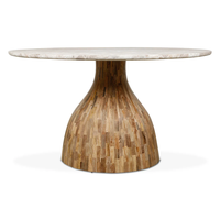 Mesa de Comedor con Base de Madera en Forma de Campana, Hecha a Mano, con Acabado en Marrón Cacao Oscuro, Tapa Redonda de Mármol con Textura Natural
