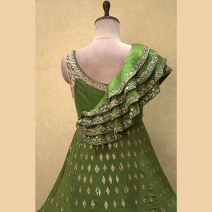 Superbe robe en georgette anarkali verte Mehendi avec broderie à la main épaisse vêtements ethniques gracieux pour toutes les occasions - Product Image 3
