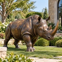 Statue de rhinocéros en bronze grandeur nature réaliste, sculpture d'animal sauvage en bronze antique, ornement paysager carré