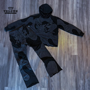 Ensemble de survêtement à capuche imprimé ODM de haute qualité, logo personnalisé, confortable, respirant, écologique, avec empiècements à ourlet brut, effet pierre, hiver - Product Image 2