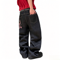 Jeans vintage noirs délavés pour hommes, coupe large, style streetwear, pantalon baggy avec broderies