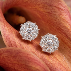 Magnifiques boucles d'oreilles clous en or rose massif 18 carats avec diamants, grappe ronde, illusion solitaire, couronne, panier, cadeau romantique pour les amoureux - Product Image 1