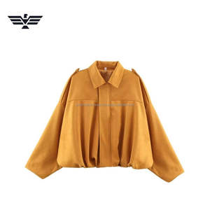 Blouson bombardier en cuir suédé tissé surdimensionné pour femmes solide teint sur support respirant ourlet élastique coupe ample manteau court en PU pour l'automne - Product Image 6