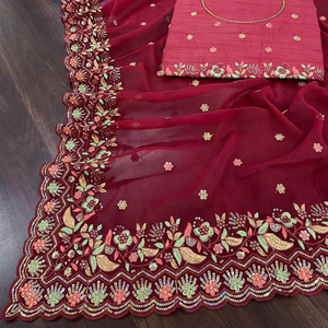 Sari de Georgette Brillante de Diseño de Alta Calidad con Bordado de Lentejuelas y Borde con Trabajo de Corte, 5.50 Metros, para Bodas y Fiestas - Product Image 2