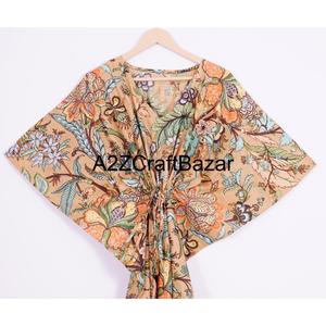 Kaftan pour femmes en coton indien imprimé à la main, motif floral, maxi longue robe de plage, vêtement de nuit, kimono, robe à col en V, ceinture, lavable, design Y2K - Product Image 2