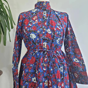 Pur coton Midi bleu rouge robe florale indien bloc imprimé coloré été intelligent confortable vêtements de jour - Product Image 1