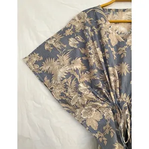 Vestido Kaftán de Algodón con Estampado Floral Gris para Mujer, Traje de Baño, Ropa de Playa - Product Image 3