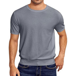 Pull-over extensible à col ras du cou pour hommes, pull-over décontracté, solide, basique, à manches courtes, t-shirts décontractés basiques en tricot - Product Image 3