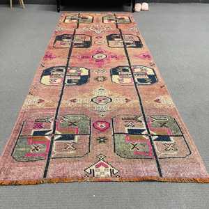 3.3x8.8 ft Rug, Vintage Turkish Rug, <b>Red</b> Blue Bordered <b>Wool</b> Rug - Product Image 1