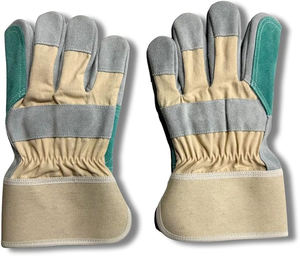 <b>Leather</b> Palm Work <b>Gloves</b>, Natural Split <b>Leather</b>, <b>Green</b> Reinforcement, Rubberized Cuff and flexibility provides superior grip - Product Image 2