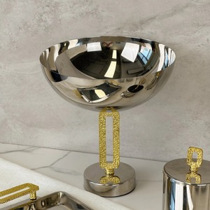 Cuenco decorativo de acero inoxidable con soporte dorado elegante, centro de mesa moderno para el hogar, cocina, comedor y sala de estar - Product Image 1