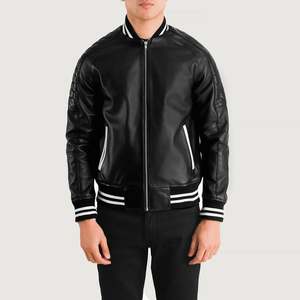 Pascal Vintage Casual Varsity <b>Jacket</b> Men's Black <b>Sheepskin</b> Leather XS Size Water Proof Embroidered High Quality Autumn Season - Product Image 1