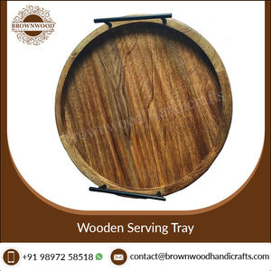 Stylish Burnt Natural Finished Round Handmade Mango Wood Serving Tray with Metal Handles for Kitchen Use and Home Decor Display - Product Image 2