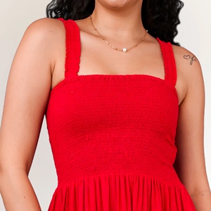 Robe midi en coton rouge pour femme, respirante, élégante, col carré, style modeste, tailles XS-XL, longueur genou, pour la journée - Product Image 4