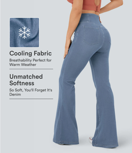Jean évasé taille haute en denim délavé effet rafraîchissant pour femme, contrôle du ventre, style décontracté d'été, prix fabricant - Product Image 1