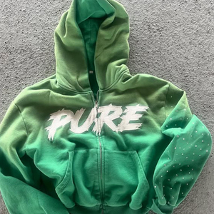 Men Fit Rhinestone 100% Cotton Vintage Distressed Rhinestone Custom Zip up Patch Cropped <b>Hoodie</b> - Product Image 2