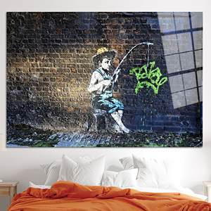 Impresión en Lienzo de Banksy, Niño Pescador: Decoración de Arte Urbano, Arte en Vidrio Templado - Product Image 1
