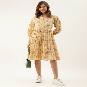 High Quality <b>Yellow</b> Vintage Floral Print 100% Cotton Midi <b>Dress</b> Mandarin Collar ODM Quick Dry Casual Summer Beach Wear - Product Image 4