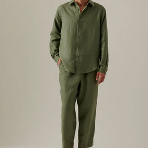 Set pigiami a maniche lunghe in cotone di lino e <span class=keywords><strong>pigiama</strong></span> da <span class=keywords><strong>uomo</strong></span> <span class=keywords><strong>camicia</strong></span> con bottoni e pantaloni biologici da <span class=keywords><strong>uomo</strong></span> - Product Image 2