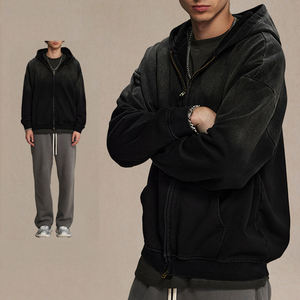 Logotipo bordado personalizado liso 450 GSM lavado ácido de peso pesado cremallera completa Sudadera con capucha teñida con lazo - Product Image 4