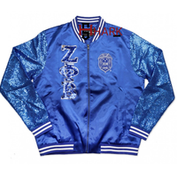 Blouson Bomber Zippé en Crochet pour Femme avec Écussons Zeta Phi Beta, Teint Uni, Personnalisable, Décontracté, Broderie de Paillettes, Printemps