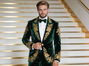 Costume pour homme en velours gris avec broderie dorée, veste de smoking, gilet et pantalon pour réception de mariage - Product Image 4