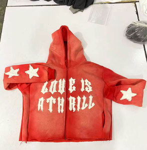 Sweat à capuche court vintage personnalisé 100 % coton avec fermeture éclair, effet vieilli, broderie appliquée, patch, délavage acide, pour homme, avec poche discrète - Product Image 5