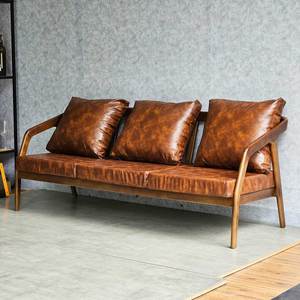Three-Seat Midcentury Modern Upholstered Square <b>Sofa</b> Set with Ash <b>Wood</b> <b>Frame</b> and Faux Leather Cushions SFB68067 - Product Image 4