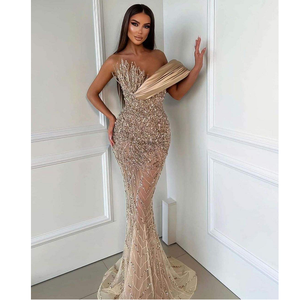 Robe de soirée de luxe pour femmes, robe de mariée en satin à motifs perlés, robe de soirée élégante pour soirée de gala, robe longue à col haut - Product Image 1