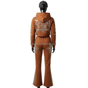 Survêtement pour femmes en molleton de coton 280GSM, sweat-shirt court marron doux, pantalon évasé, strass, transfert thermique, logo personnalisé, survêtements grande taille - Product Image 2