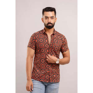 Chemise décontractée 100 % coton pour homme, imprimé ethnique noir et bordeaux, manches courtes, tissu popeline respirant, col cubain, ODM - Product Image 4