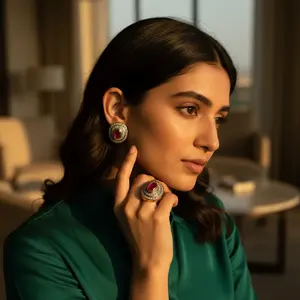 Conjunto de Joyería Fina para Mujer, Aretes y Anillo con Rubíes y Acabado en Chapado en Oro - Product Image 2