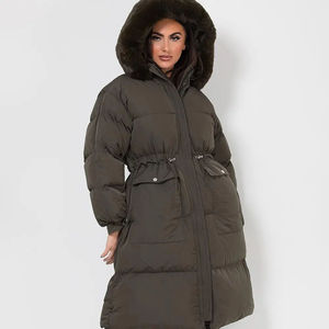 Manteau d'hiver matelassé long en tricot pour femme, style lupin, sur mesure, couleur kaki, OEM, capuche en fausse fourrure, taille à cordon de serrage, fermeture éclair intégrale, style bulle - Product Image 1