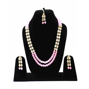 Ensemble de collier long Kundan avec placage or 18 carats, style vintage rose pour mariages - Bijoux fins de mariée - Product Image 1