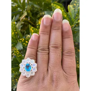 925 Silver Blue Topaz & <b>Moonstone</b> Cocktail <b>Ring</b> Rhodium Plated Marquise Geometric Design Elegant Gemstone Jewelry for Parties - Product Image 6