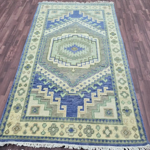 พรมตุรกีสไตล์วินเทจผ้าวูลวิ่งขนแกะสีฟ้าอ่อน3X5ขนาดเล็กแบบดั้งเดิมสูงทำด้วยมือสำหรับห้องน้ำในห้องนั่งเล่นสวดมนต์ขนาด3x12ขนาดกอล์ฟ - Product Image 1