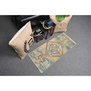 พรมขนสัตว์ตุรกีทำด้วยมือสีเบจ1.2 x 2.8ft แบบดั้งเดิมงานเย็บปะสี่เหลี่ยมผืนผ้าลายทางสำหรับห้องนั่งเล่นลาเท็กซ์ด้านหลัง - Product Image 2