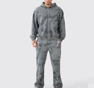 Vente en gros de nouveaux survêtements élégants en coton délavés à l'acide pour l'hiver pour hommes, ensemble de jogging respirant à taille élastique et à capuche de couleur personnalisée - Product Image 2