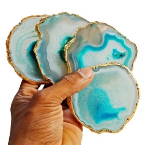 Juego de posavasos de ágata azul cielo, galvanoplastia dorada para té y café, decoración del hogar, vajilla, regalo de anfitriona de cristal, rebanada, artesanías de magnesia - Product Image 4