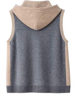 Manufacturer Blue <b>Hooded</b> Knitted Sweater Vest Wool Acrylic Sleeveless Button Front Winter <b>Cardigan</b> With Contrast Trim OEM ODM - Product Image 2