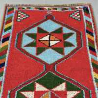 Tapis turc vintage de 3,4 x 10,1 pieds, tapis de couloir rouge et bleu, patchwork en laine, respectueux de l'environnement, avec support en latex