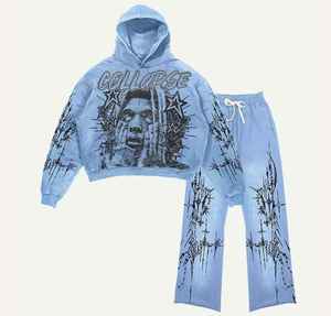 Streetwear à la mode survêtements hommes 3D broderie acide lavage coton survêtement tenue élégant deux pièces ensemble OEM ODM fournisseurs - Product Image 1
