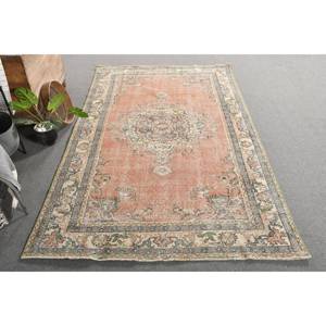 พรมตุรกีวินเทจคลาสสิกสีส้มสีเบจ5.4 x 9.2ft ขนแกะที่ทำด้วยมือเย็บปะติดปะต่อกันสี่เหลี่ยมผืนผ้าลายทางสำหรับห้องนั่งเล่นด้านหลังเป็นยาง - Product Image 4