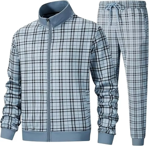 Conjuntos de chándales de entrenamiento para hombre de estilo impreso a cuadros completos con cremallera y logotipo personalizado, chándales para hombre con cuello levantado, ropa informal transpirable - Product Image 1