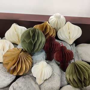 Handmade Paper Honeycomb Christmas <b>Ornaments</b> Round Modern Hanging Decor in <b>Red</b> Beige and Cream Colors - Product Image 3
