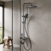 Ensemble de douche mural moderne en cuivre couleur bronze avec affichage LED, pommeau de douche carré pluie et massage, et douchette à main 4 fonctions